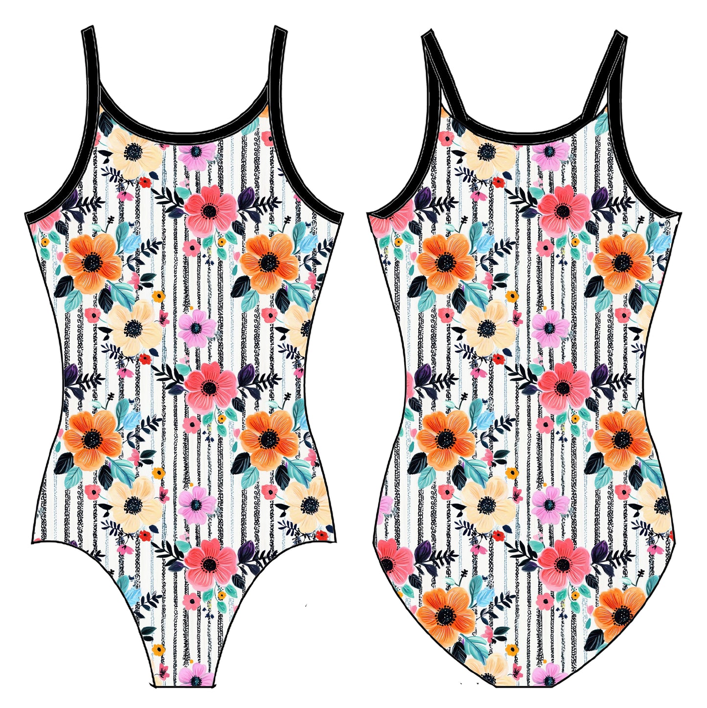 VIBRANT FLORAL AND STRIPES GYMNASTICS LEOTARD