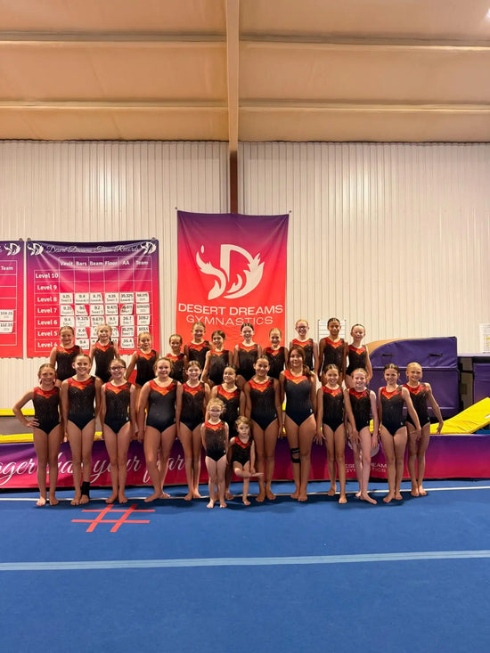 Black and orange gymnastics leotards with matching team logos