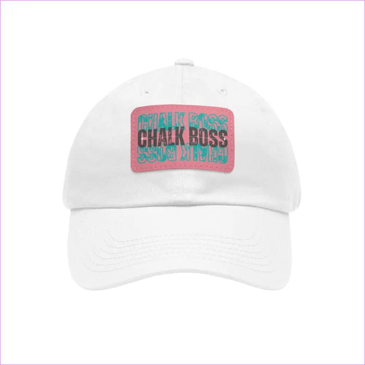 CHALK BOSS Dad Hat with Leather Patch - White / Pink patch / Rectangle / One size - Hats