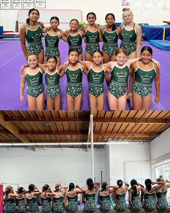 Green and white patterned gymnastics leotards with a crown logo