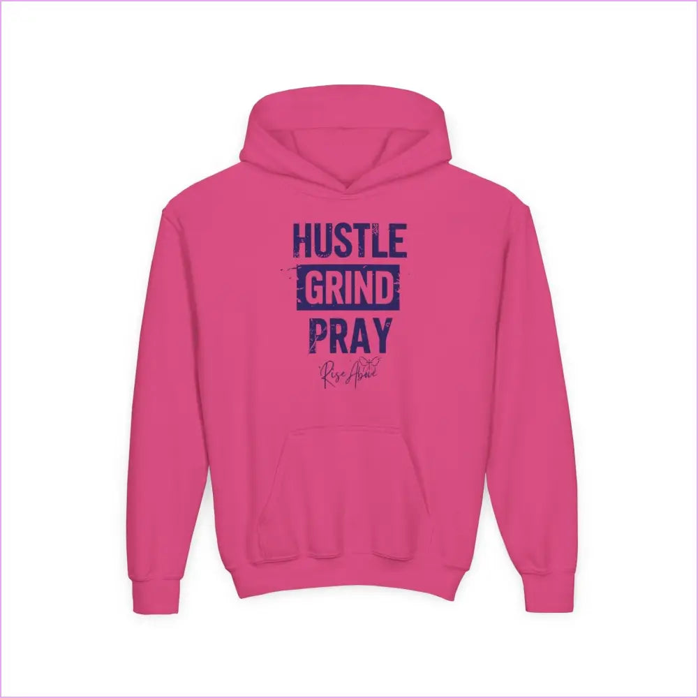 Inspirational Hustle Grind Pray Youth Hoodie - Motivational Sweatshirt for Teens - S / Heliconia - Kids clothes