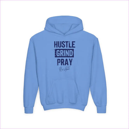 Inspirational Hustle Grind Pray Youth Hoodie - Motivational Sweatshirt for Teens - S / Carolina Blue - Kids clothes