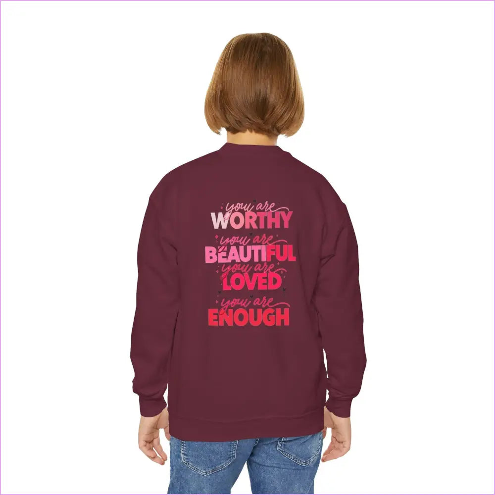 Inspirational Youth Crewneck Sweatshirt - ’You Are Worthy Beautiful Loved Enough’ - Kids clothes