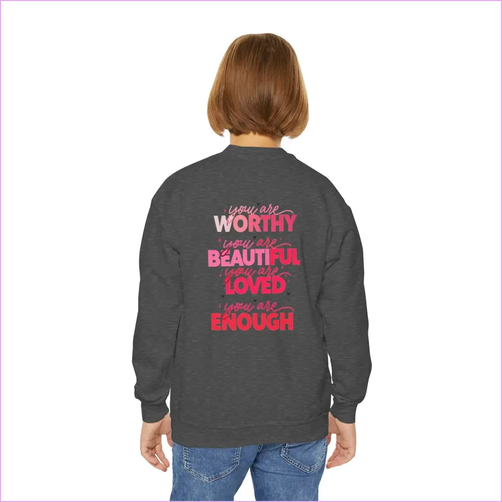Inspirational Youth Crewneck Sweatshirt - ’You Are Worthy Beautiful Loved Enough’ - Kids clothes