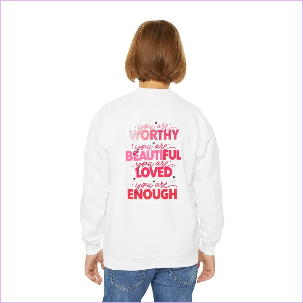 Inspirational Youth Crewneck Sweatshirt - ’You Are Worthy Beautiful Loved Enough’ - Kids clothes