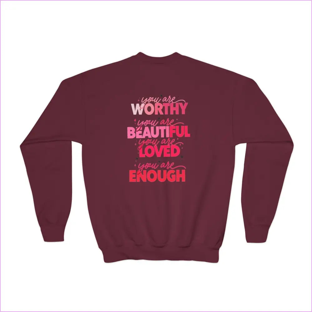 Inspirational Youth Crewneck Sweatshirt - ’You Are Worthy Beautiful Loved Enough’ - Kids clothes
