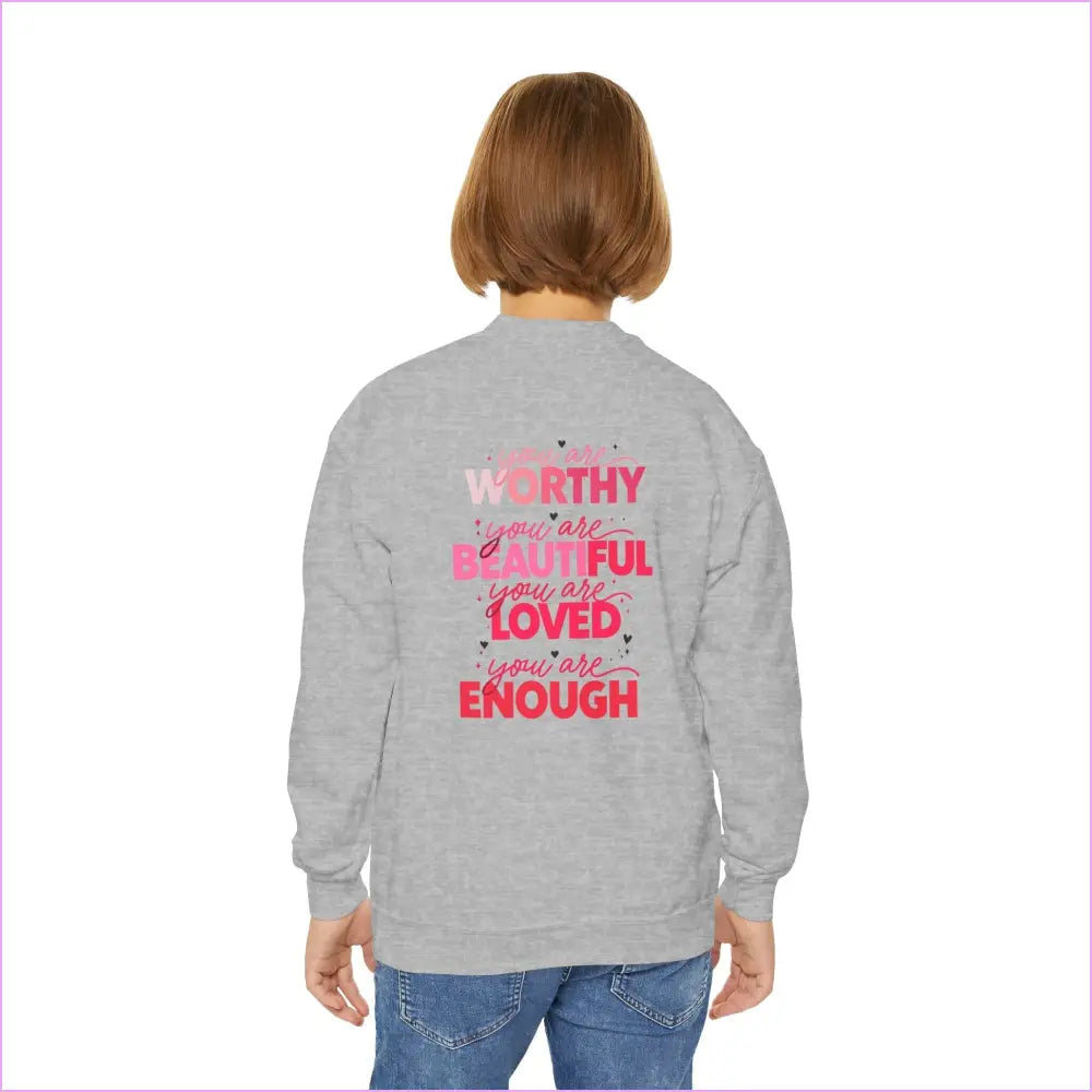 Inspirational Youth Crewneck Sweatshirt - ’You Are Worthy Beautiful Loved Enough’ - Kids clothes