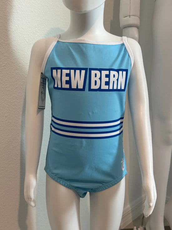 Light blue one-piece swimsuit with white trim and ’new bern’ in bold navy lettering across the chest, accented by two horizontal white stripes.