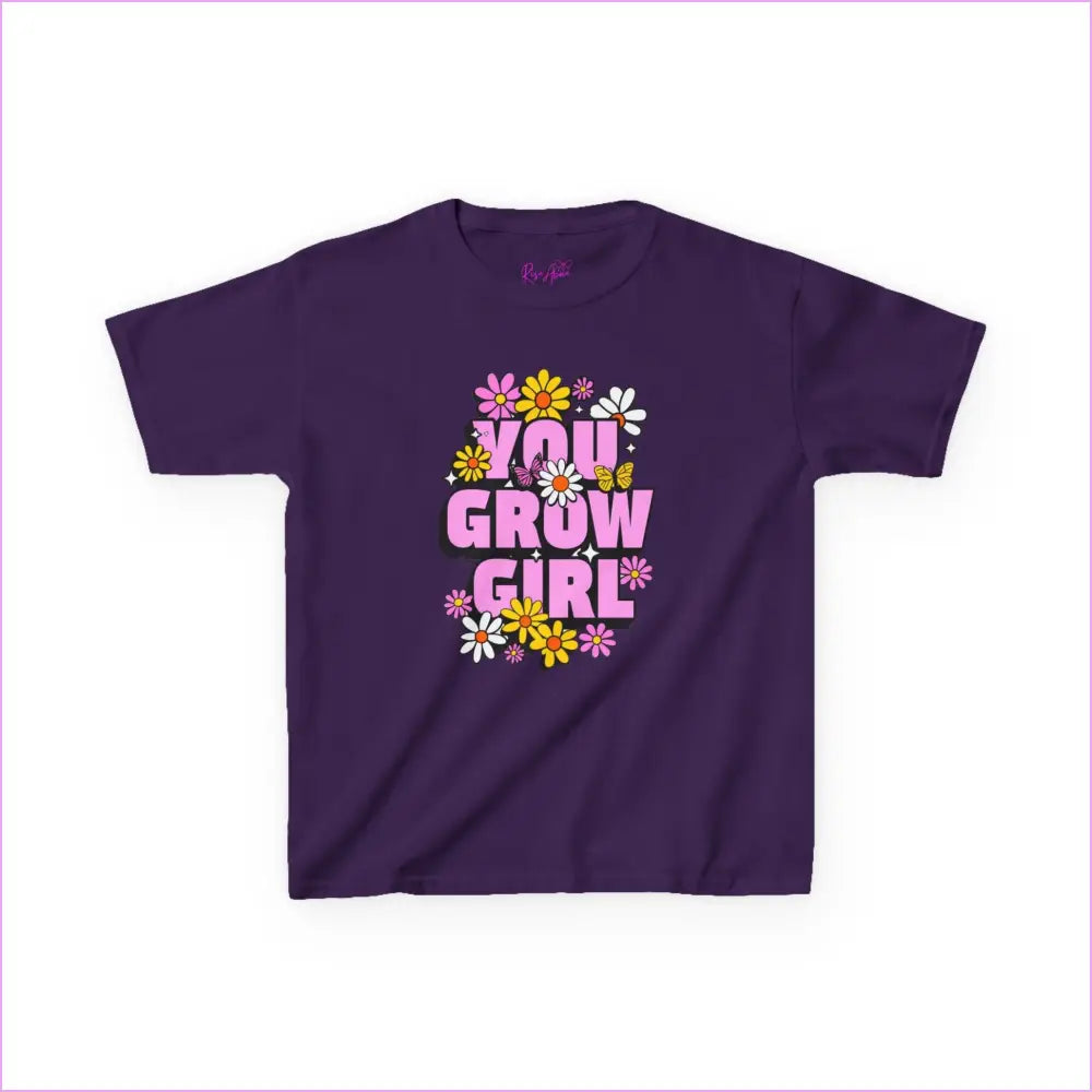 You Grow Girl Kids Heavy Cotton Tee - Floral Design T-Shirt for Girls - Purple / XS - Kids clothes