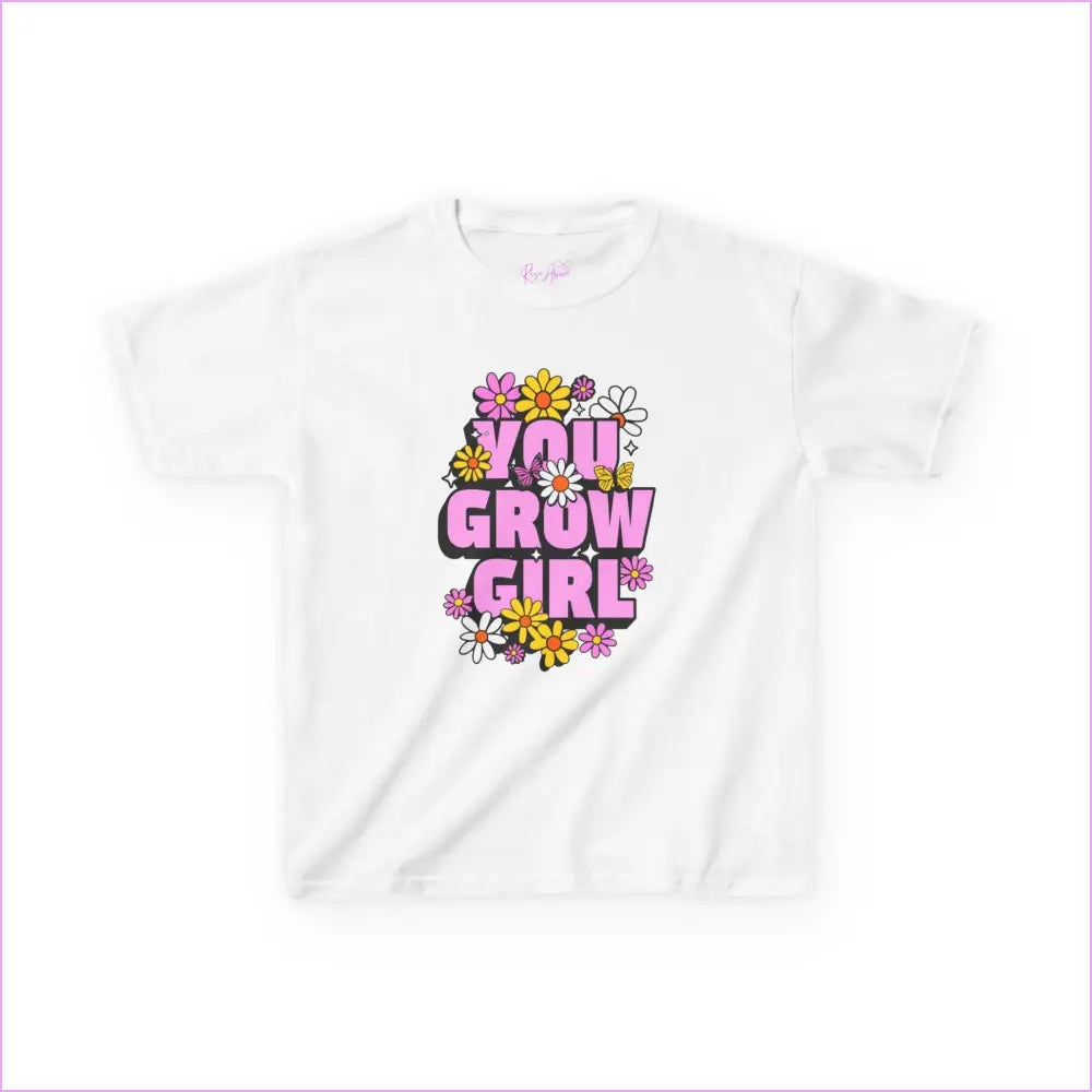 You Grow Girl Kids Heavy Cotton Tee - Floral Design T-Shirt for Girls - White / XS - Kids clothes