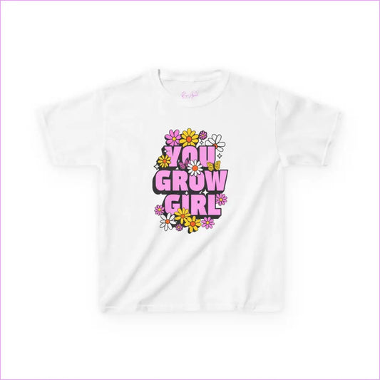 You Grow Girl Kids Heavy Cotton Tee - Floral Design T-Shirt for Girls - White / XS - Kids clothes