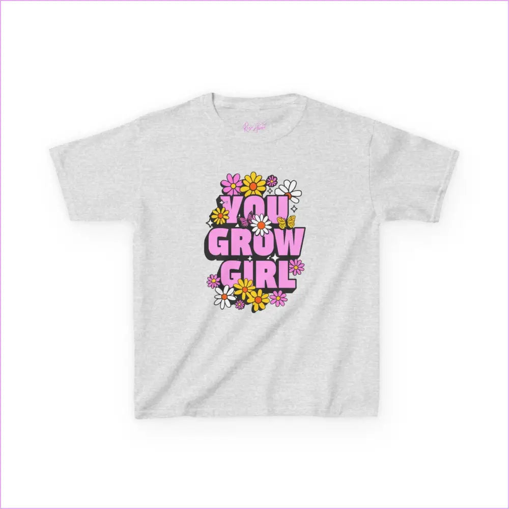 You Grow Girl Kids Heavy Cotton Tee - Floral Design T-Shirt for Girls - Ash / XS - Kids clothes