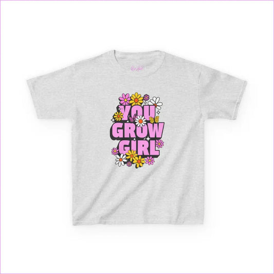 You Grow Girl Kids Heavy Cotton Tee - Floral Design T-Shirt for Girls - Ash / XS - Kids clothes