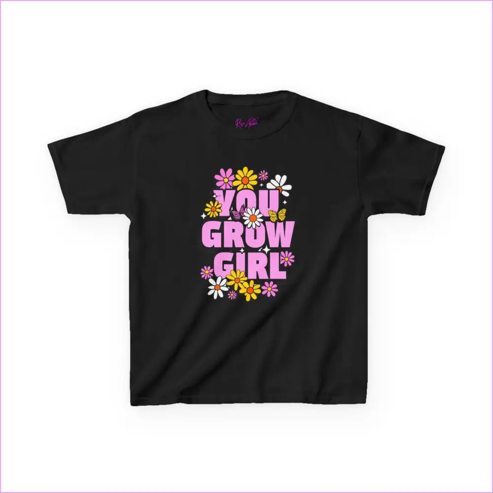 You Grow Girl Kids Heavy Cotton Tee - Floral Design T-Shirt for Girls - Black / XS - Kids clothes