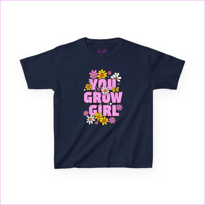 You Grow Girl Kids Heavy Cotton Tee - Floral Design T-Shirt for Girls - Navy / XS - Kids clothes
