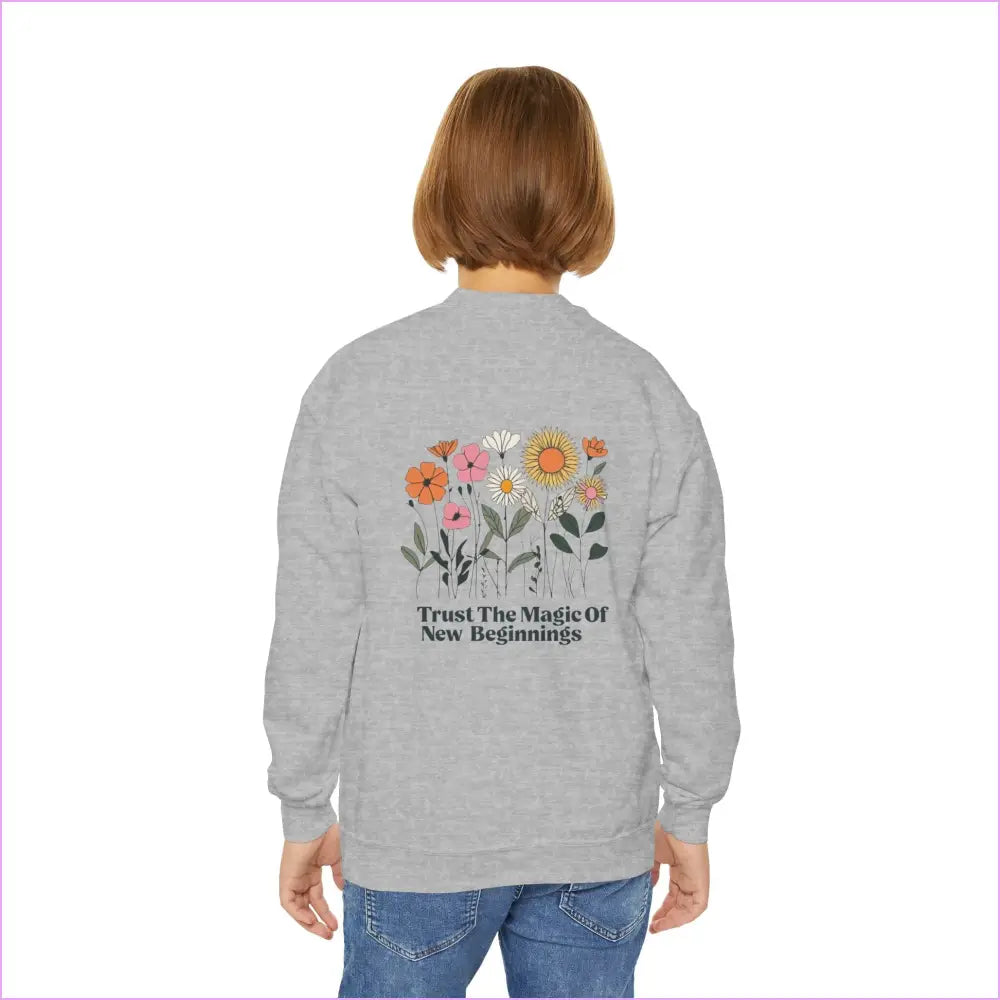 Youth Crewneck Sweatshirt - ’Trust The Magic Of New Beginnings’ Floral Design - Kids clothes