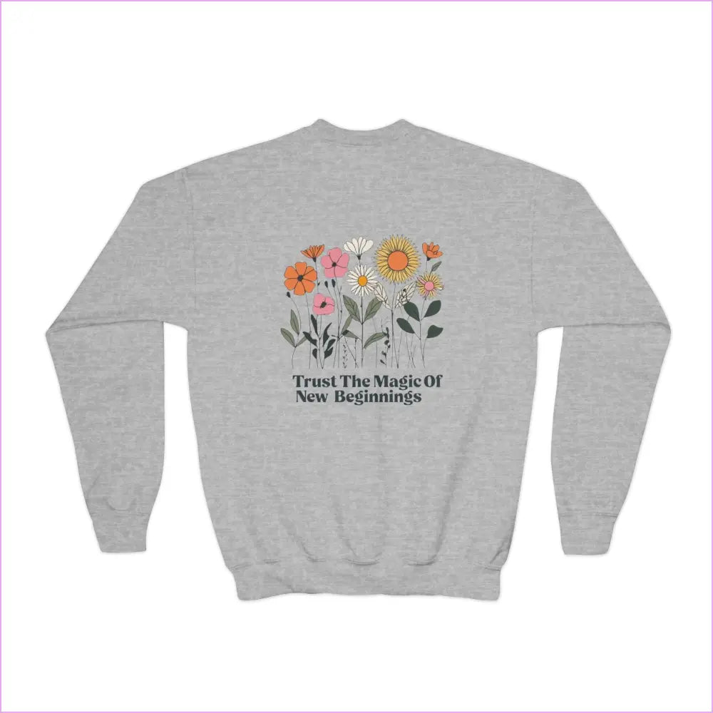 Youth Crewneck Sweatshirt - ’Trust The Magic Of New Beginnings’ Floral Design - Kids clothes